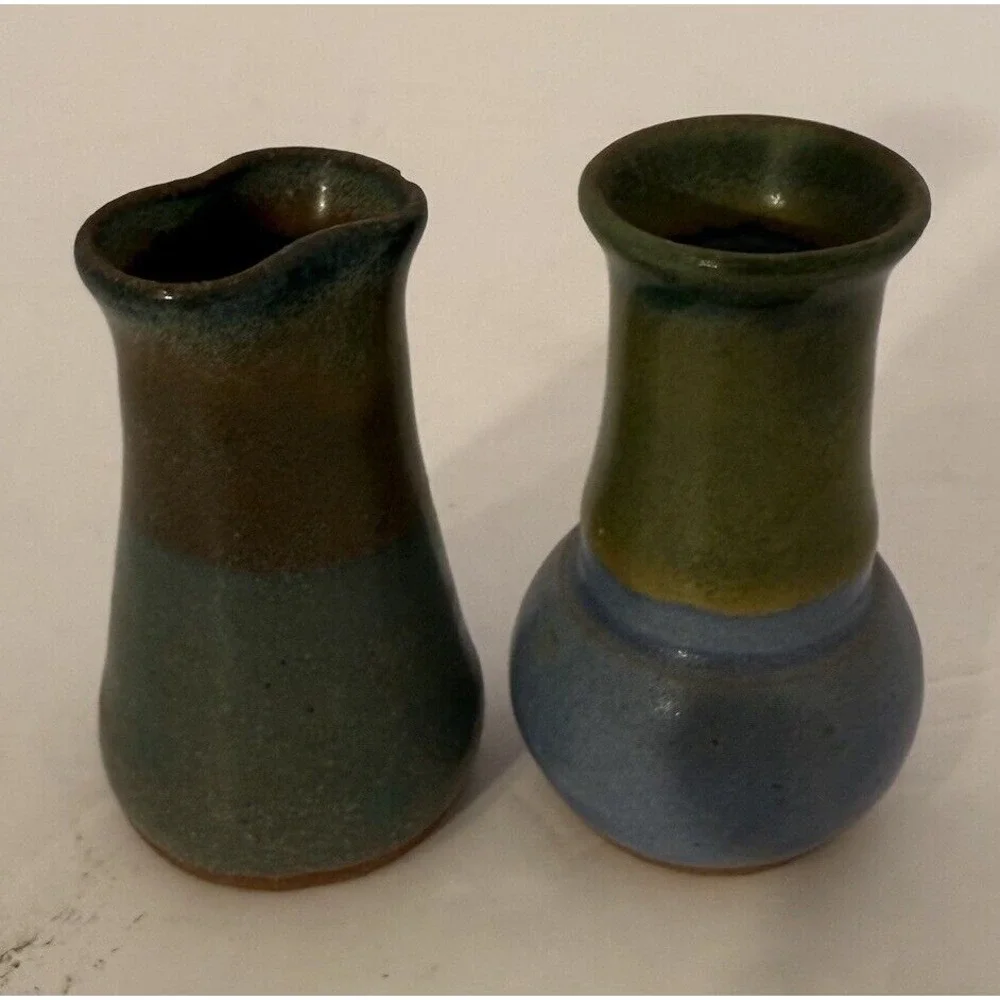 Small Studio Art Pottery Bud Vase Lot of 2 Blue Green & Brown-Signed-Approx.3
